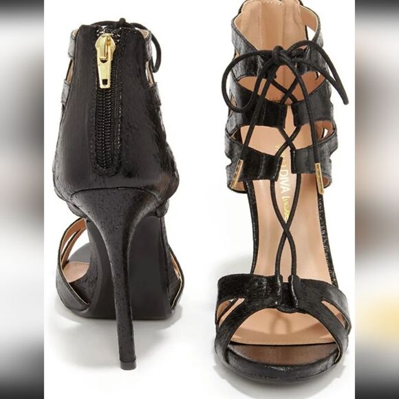 WILD DIVA LOUNGS GIVE ME  FEVER BLACK SNAKESKIN LACE-UP HEELS SANDAL - Picture 1 of 13